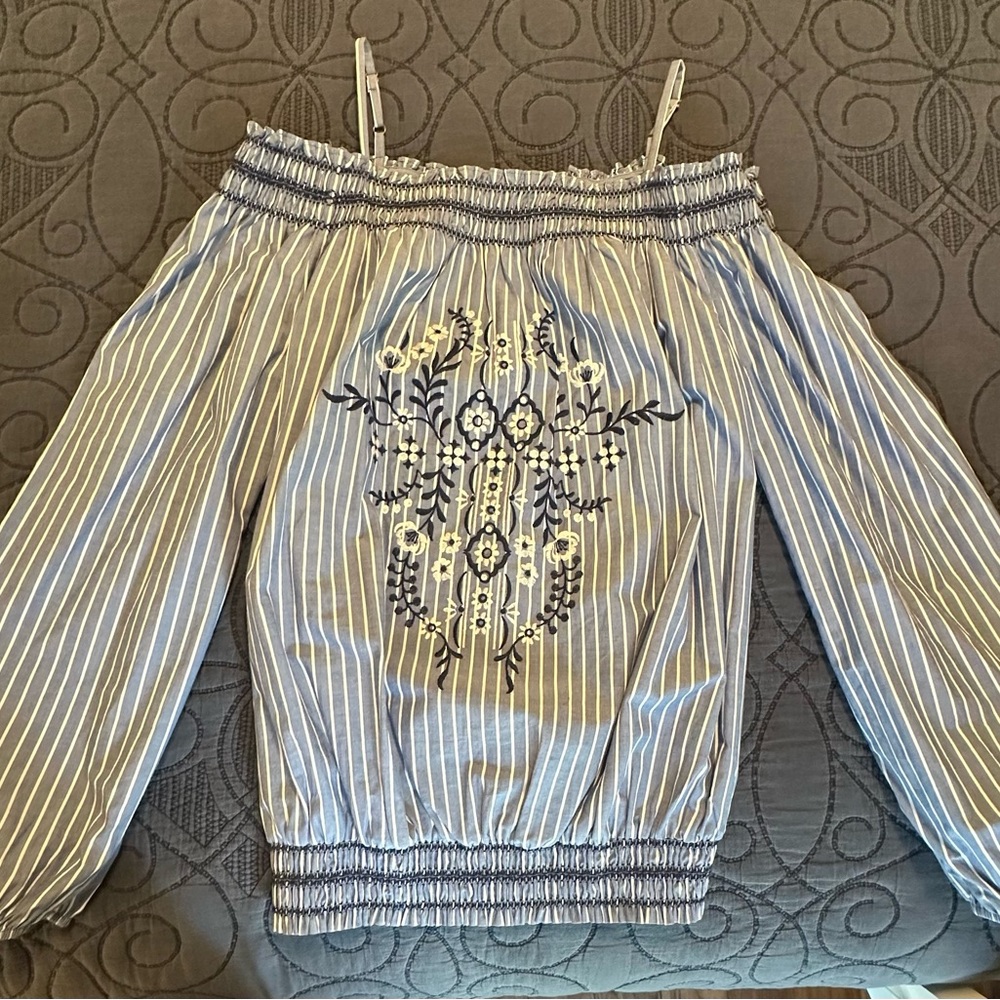 Xhilaration White and Blue Smocked Embellished Blouse